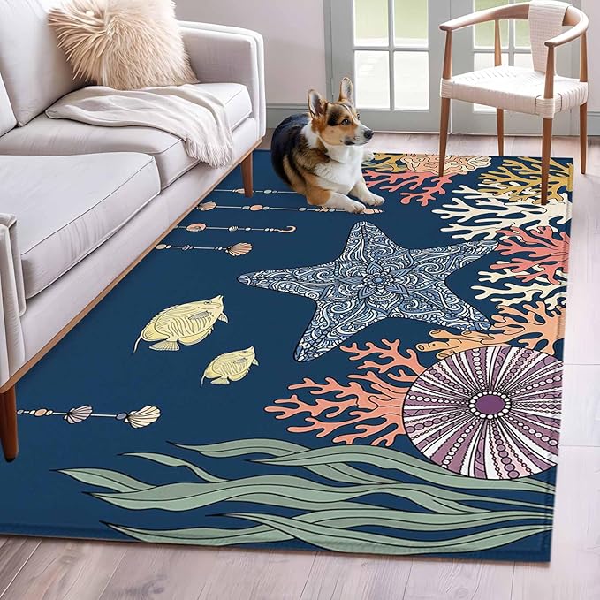 Area Rug 3x5ft, Ocean Starfish Coral Fish Washable Rugs for Living Room Bedroom, Underwater Creature on Navy Blue Soft Non-Slip Area Rugs Rectangle Floor Carpet for Dining Room