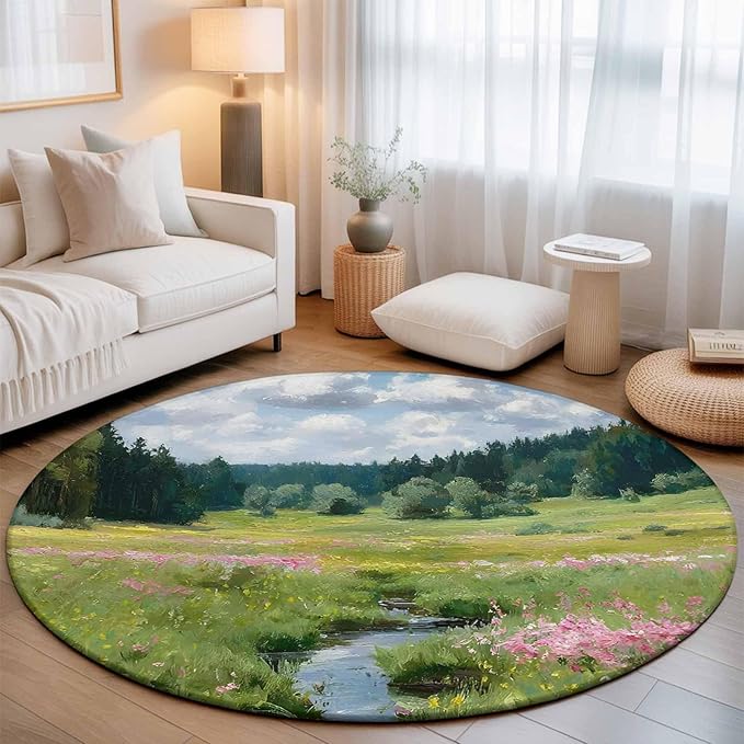 Washable Round Area Rug Watercolor Flowers Leaves Forest Meadow Circle Rugs Floor Carpet for Living Room Bedroom, Oil Paint Texture Soft Non Slip Round Rug 5ft