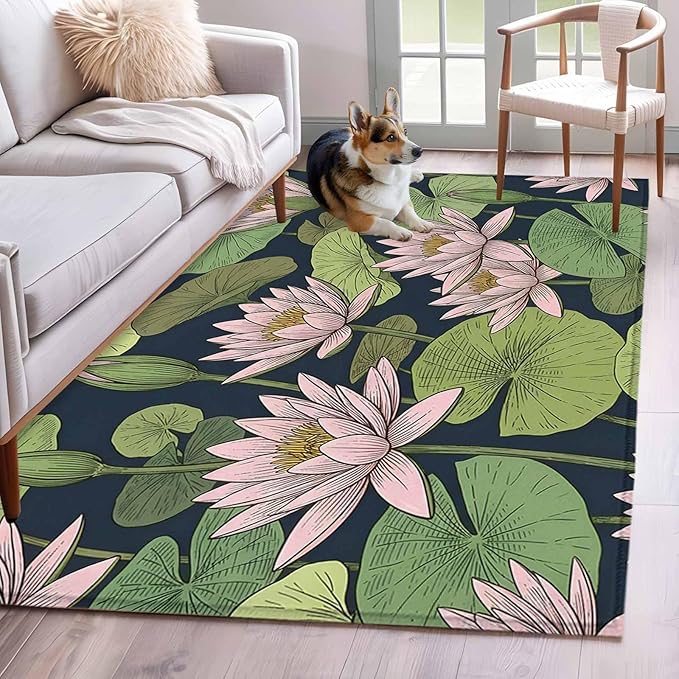 Area Rug 3x5ft, Pink Lotus Water Lily Dark Green Leaves Washable Rugs for Living Room Bedroom, Oriental Style Soft Non-Slip Area Rugs Rectangle Floor Carpet for Dining Room