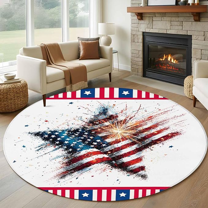 Washable Round Area Rug 4th of July Stars Stripes Abstract Flag Circle Rugs Floor Carpet for Living Room Bedroom, Patriotic Theme Soft Non Slip Round Rug 5ft