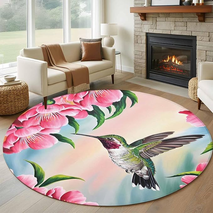 Washable Round Area Rug Hummingbird Flower Peach Blossom Circle Rugs Floor Carpet for Living Room Bedroom, Nature Oil Painting Art Soft Non Slip Round Rug 5ft