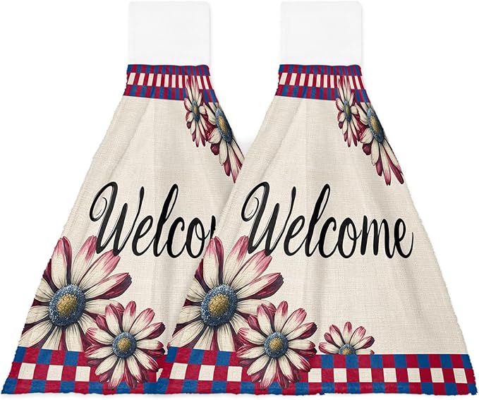 Alandar Home Kitchen Tie Towel Set of 2, Watercolor Daisy Red Blue Plaid Absorbent Soft Hand Towels for Bathroom Hanging Towels, Independence Day Flower on Flax Fast Drying Cleaning Cloth with Loop