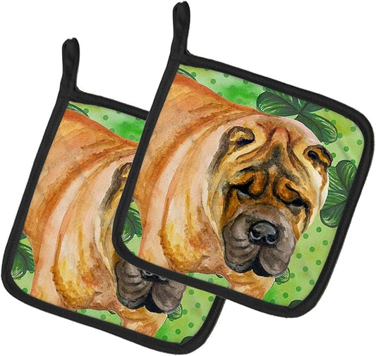 Caroline's Treasures BB9835PTHD Shar Pei St Patrick's Pair of Pot Holders, Green Kitchen Heat Resistant Pot Holders Sets Oven Hot Pads for Cooking Baking BBQ, 7 1/2 x 7 1/2