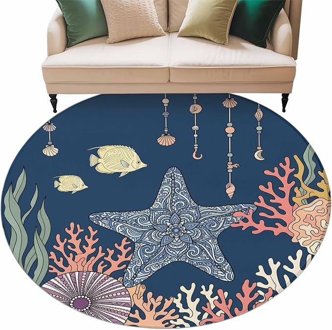 Washable Round Area Rug Ocean Starfish Coral Fish Circle Rugs Floor Carpet for Living Room Bedroom, Underwater Creature on Navy Blue Soft Non Slip Round Rug 5ft