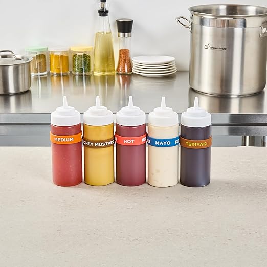 Restaurantware Silicone Squeeze Bottle Band 10 Count 2.75 Inch Dishwasher Safe Condiment Identification Band, Hot Red Non-Slip Label Band for Condiment Labeling at Restaurants, Food Trucks