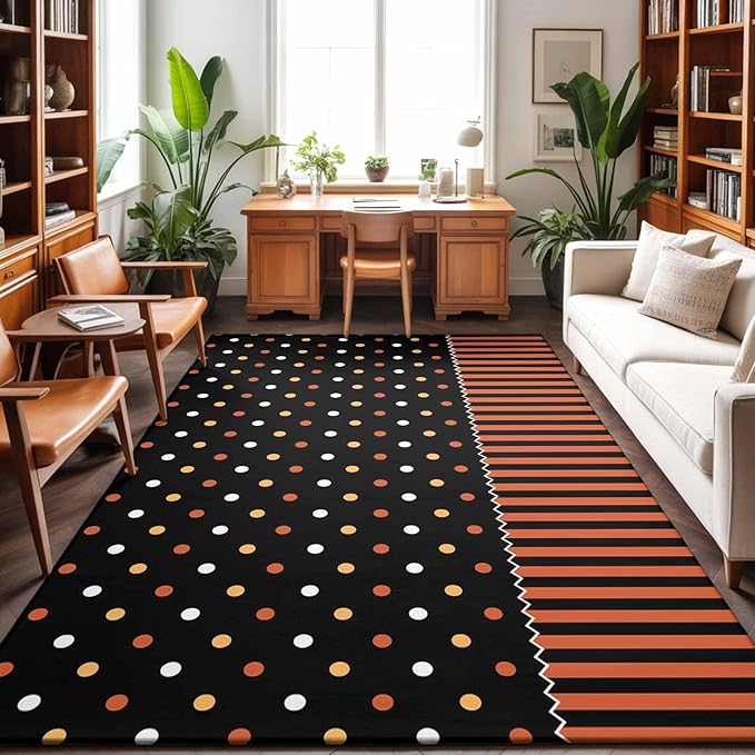 Area Rug 9x12ft, Halloween Polka Dots Orange Stripes Washable Rugs for Living Room Bedroom Rectangle Floor Carpet, Seamless Dot on Black Soft Non-Slip Area Rugs for Dining Room