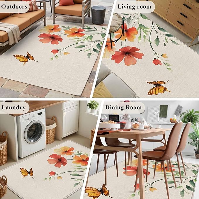 Area Rug 4x6ft, Summer Watercolor Flower Butterfly Washable Rugs for Living Room Bedroom, Green Leaves Retro Linen Soft Non-Slip Area Rugs Rectangle Floor Carpet for Dining Room