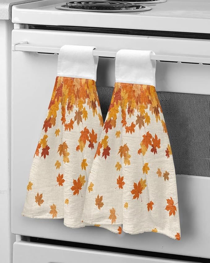 Alandar Home Kitchen Tie Towel Set of 1, Vintage Autumn Maple Leaves Absorbent Soft Hand Towels for Bathroom Hanging Towels, Countryside Farm Plants Fast Drying Cleaning Cloth with Loop