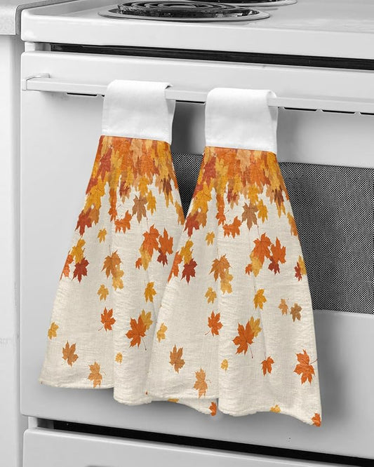 Alandar Home Kitchen Tie Towel Set of 2, Vintage Autumn Maple Leaves Absorbent Soft Hand Towels for Bathroom Hanging Towels, Countryside Farm Plants Fast Drying Cleaning Cloth with Loop
