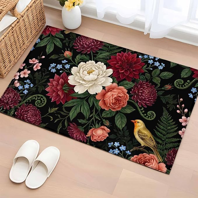 Area Rug 2x3ft, Pastoral Colorful Flower Leaf Washable Rugs for Living Room Bedroom, Country Blossom Floral Bird Soft Non-Slip Area Rugs Rectangle Floor Carpet for Dining Room