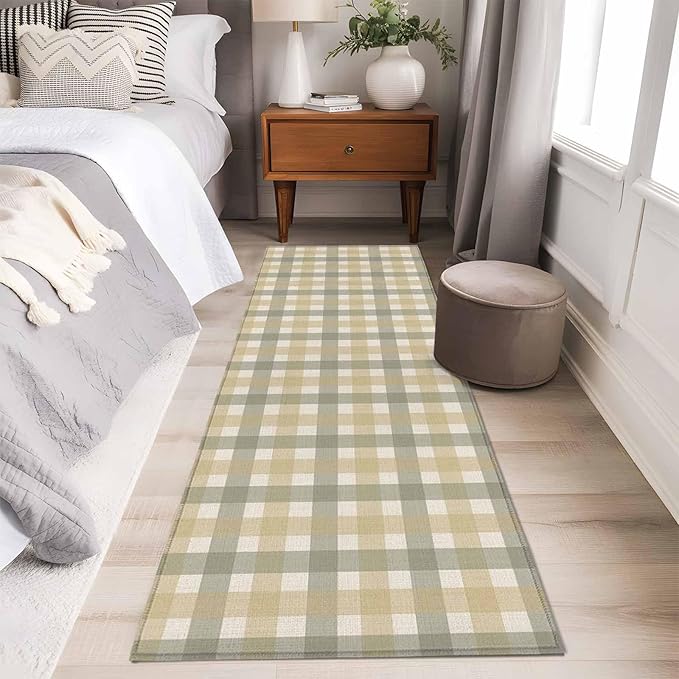 Runner Rug for Bedroom Hallway, Farmhouse Vintage Beige Tan Buffalo Plaid Kitchen Runner Rugs Area Rug 2x6ft, Rustic Linen Washable Soft Floor Carpet for Entryway Stair