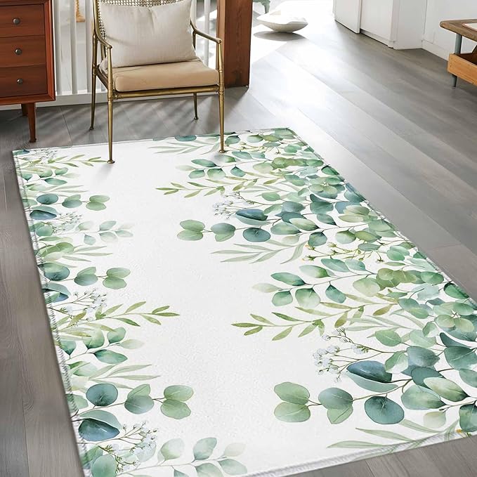 Sage Green Eucalyptus Leaves 2.7x5 Area Rugs, Farmhouse Botanical Non-Skid Rubber Backing Large Rectangle Rugs - Living Room Bedroom Home Office, Country Indoor Floor Mat Carpets Washable Rug