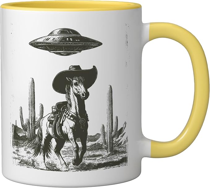 Funny Alien UFO Cowboy Horse Desert Cactus Western Graphic Ceramic Mug, Yellow/White