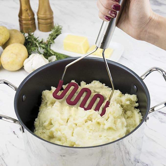 Tovolo Silicone Cooking Utensil Set of 6 Stainless Steel Handle Ladle Slotted Turner Tongs Flex Core Spatula Scraper Mixing Spoon & Potato Masher, Dishwasher Safe BPA Free Utensils, Cayenne Red