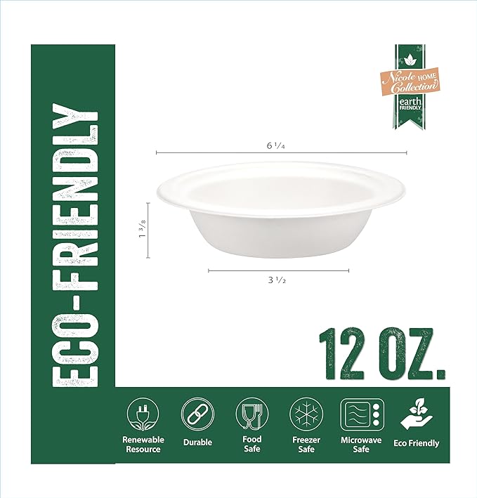 Nicole Home Collection Compostable Heavy Duty 12 oz Disposable Paper Bowls 100% Bagasse Biodegradable Eco-Friendly Natural Sugarcane 50 Count
