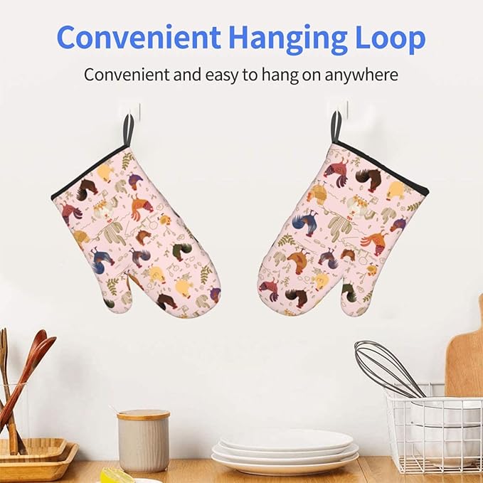 Chicken Pattern Oven Mitts of 2-Pack Set, Funny Kitchen Gloves Heat Resistant Non-Slip Kitchen Mitts Safe Cooking Baking Grilling