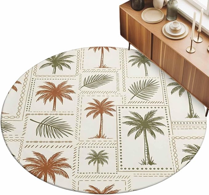 Washable Round Area Rug Vintage Coconut Tree Palm Leaves Circle Rugs Floor Carpet for Living Room Bedroom, Farm Tropical Plant on Beige Soft Non Slip Round Rug 3ft