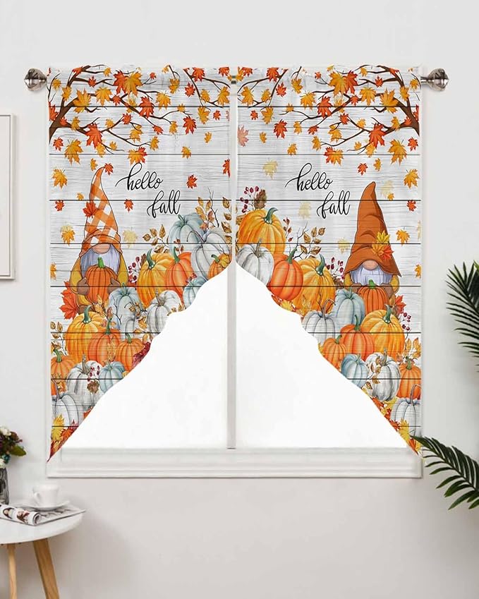 Orange Pumpkins Gnome Maple Leaves Hello Fall Swag Valance Curtains Autumn Thanksgiving Vintage Wood Grain Rod Pocket Kitchen Curtains, Scalloped Window Treatment Valances, 1 Pair, 36" W x 45" L