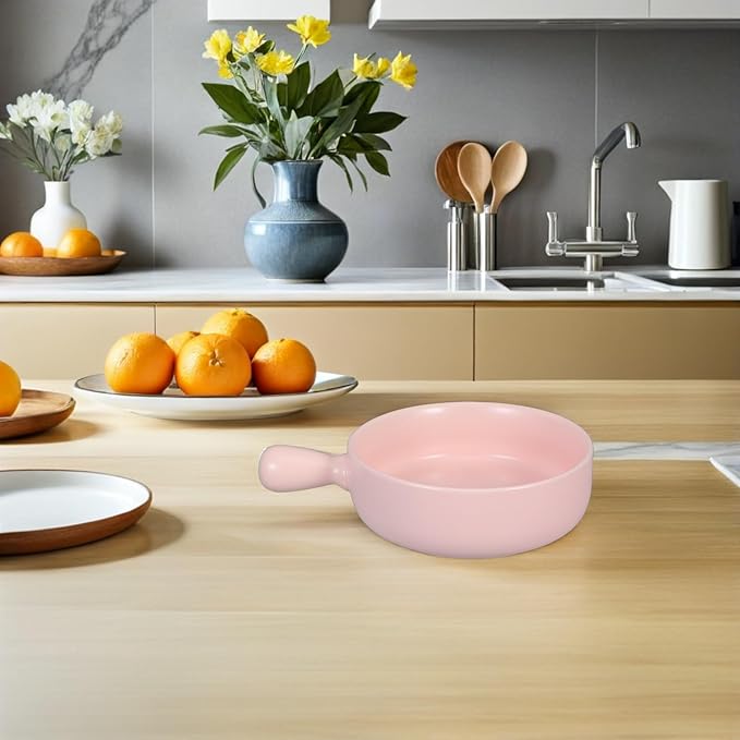 CALLARON Casserole Dishes for Oven - 6 inch Ceramic Baking Dish, Baking Tray with Handle, Round Roasting Lasagna Pan, Porcelain Deep Salad Pasta Plates, Kitchen Serving Tray, Dishwasher Safe, Pink