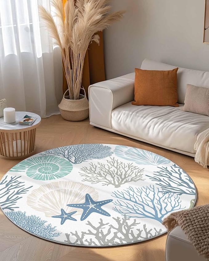 Round Area Rug,Blue Ocean Shells Coral Circle Living Room Rug Non-Slip Rugs Indoor Carpet,Conch Starfish Marine Life Soft Comfort Rugs for Bedroom Kids Room