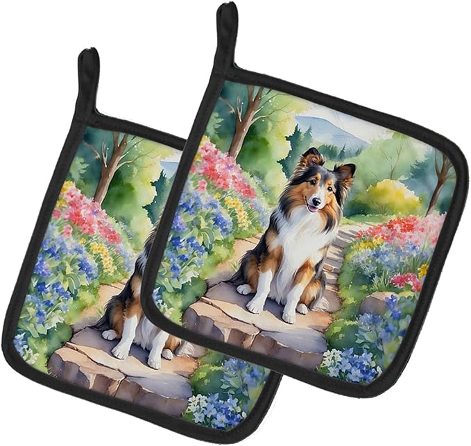 Caroline's Treasures Sheltie Spring Path Pair of Pot Holders Kitchen Heat Resistant Pot Holders Sets Oven Hot Pads for Cooking Baking BBQ, 7 1/2 x 7 1/2