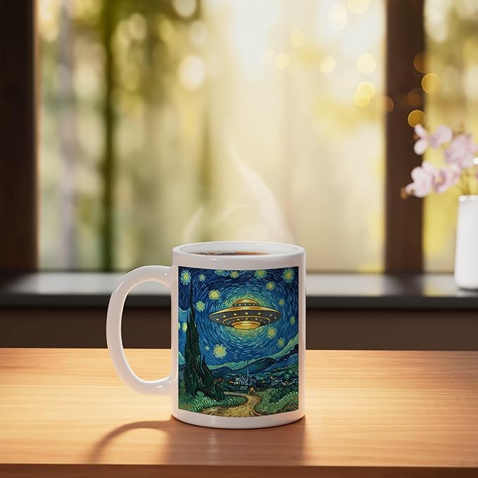 Ufo Over Starry Night Van Gogh Style Sci Fi Saucer Art Ceramic Mug, White