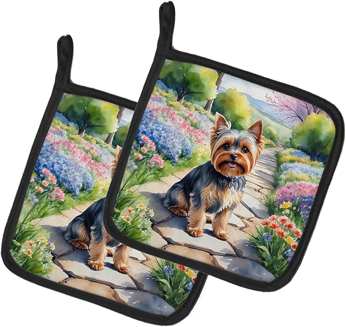 Caroline's Treasures Yorkshire Terrier Spring Path Pair of Pot Holders Kitchen Heat Resistant Pot Holders Sets Oven Hot Pads for Cooking Baking BBQ, 7 1/2 x 7 1/2
