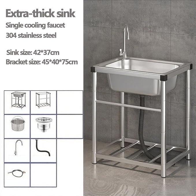 Outdoor Stainless Steel Utility Sink,Standalone Stainless Steel Sink,Small Stainless Steel Utility Kitchen Sink Tub with Storage Shelve and Faucet for Restaurant,Bar,Laundry, Garage, Backyard