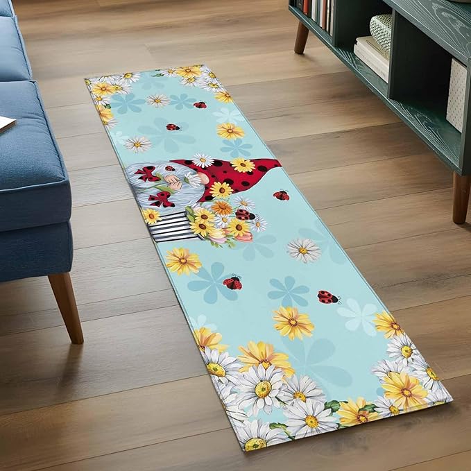 Runner Rug for Bedroom Hallway, Summer Ladybug Gnome Daisy Flower Kitchen Runner Rugs Area Rug 2x6ft, Watercolor Bloom Floral on Blue Washable Soft Floor Carpet for Entryway Stair