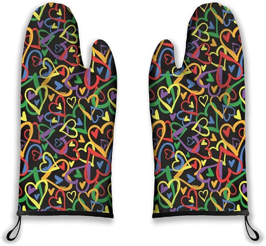 Oven Mitts Heart Heat Resistant Wear-resistant Easy Clean Grill Gloves with Thick Cotton Liner for Grilling Cooking Baking 2PCS