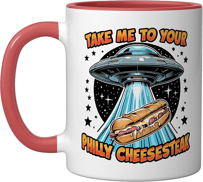 Take Me to Your Philly Cheesesteak UFO Philly Cheesesteak Ceramic Mug, Red/White
