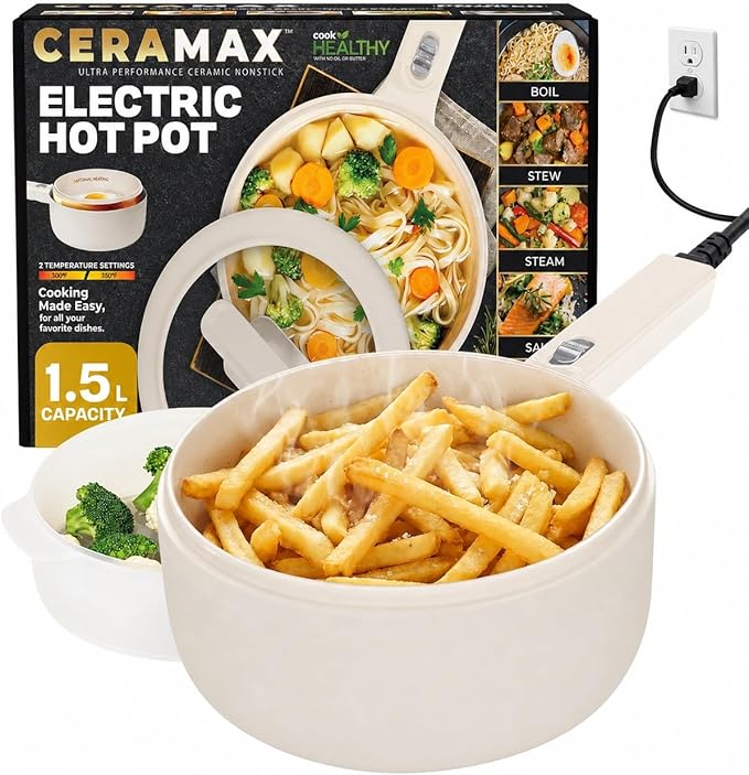 CERAMAX PRO Electric Hot Pot with Lid & Steamer, 2L Non Toxic Ceramic Cooker Skillet for Ramen, Eggs, Pasta for Dorms, Camping, RVs, Work, Adjustable Temp. - New Improved 2025 Model