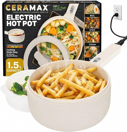 CERAMAX PRO Electric Hot Pot with Lid & Steamer, 2L Non Toxic Ceramic Cooker Skillet for Ramen, Eggs, Pasta for Dorms, Camping, RVs, Work, Adjustable Temp. - New Improved 2025 Model