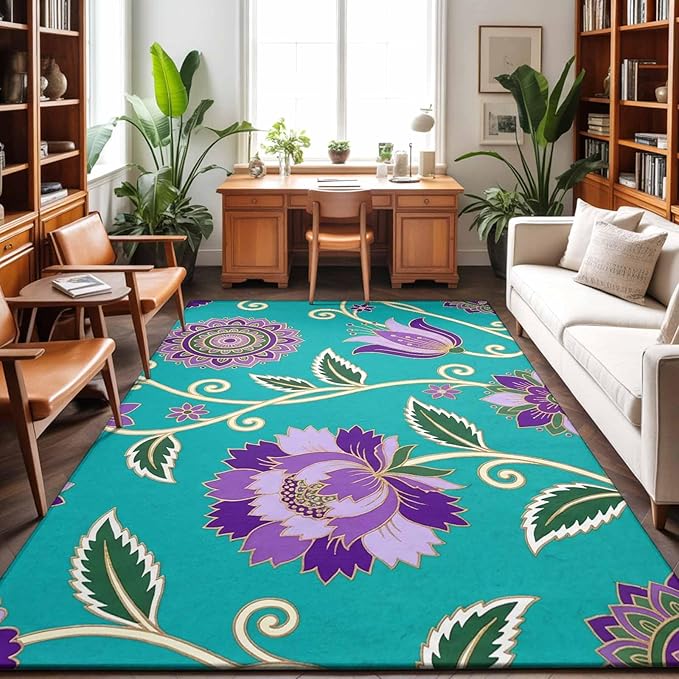 Area Rug 3x5ft, Bohemian Purple Flowers Washable Rugs for Living Room Bedroom, Paisley Floral Art Soft Non-Slip Area Rugs Rectangle Floor Carpet for Dining Room