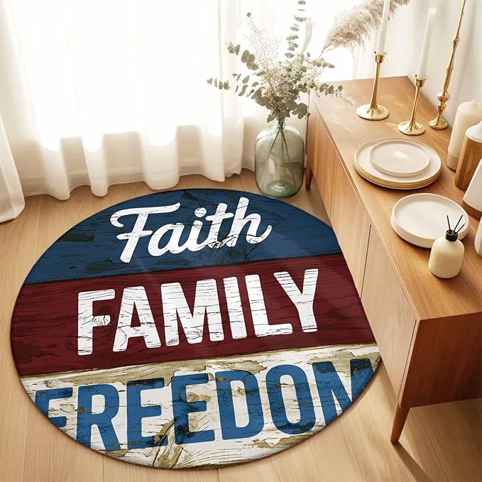 Washable Round Area Rug Independence Day USA Flag Circle Rugs Floor Carpet for Living Room Bedroom, Vintage Wooden Grain Soft Non Slip Round Rug 3ft