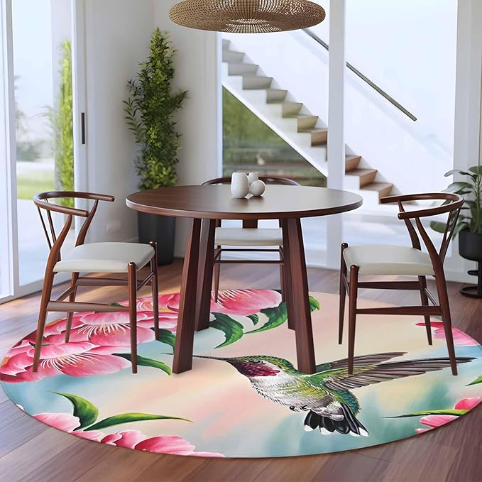 Washable Round Area Rug Hummingbird Flower Peach Blossom Circle Rugs Floor Carpet for Living Room Bedroom, Nature Oil Painting Art Soft Non Slip Round Rug 5ft