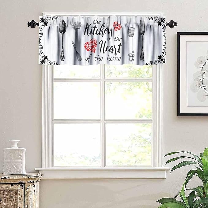 Retro Kitchen Valance, White Black Farmhouse Country Fork Spoon Heart Wooden Farm Short Curtain for Dining Room Bedroom Living Room Resturant Cafe Home Decoration, 54x18Inch