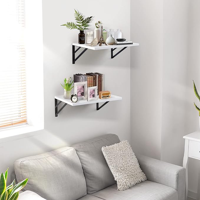 Tectocker-DOU 2 Pc Deep Floating Shelves ; 12 Inch Deep Wall Mounted Hanging Shelves for Living Room, Kitchen, Office, Bathroom and Bedroom Decor; Storage and Display Shelf Set (White)