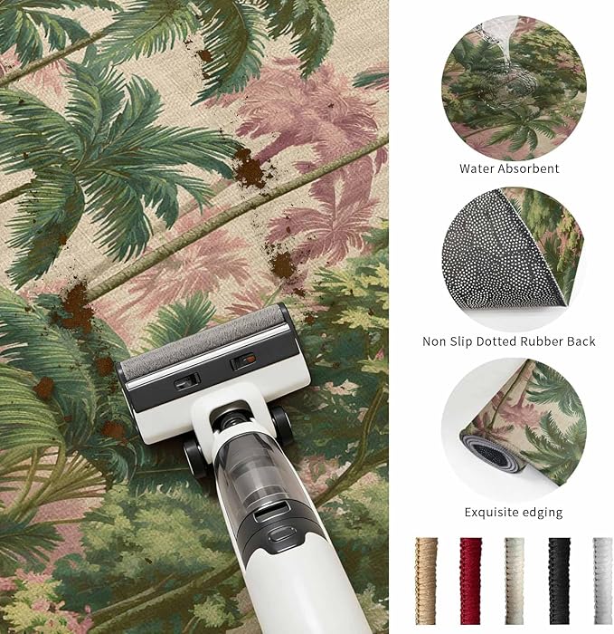 Runner Rug for Bedroom Hallway, Exotic Forest Green Pink Palms Tree Kitchen Runner Rugs Area Rug 2x6ft, Vintage Botantical Washable Soft Floor Carpet for Entryway Stair
