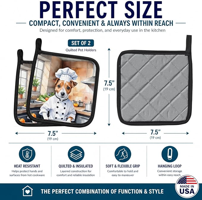 Caroline's Treasures Jack Russell Terrier The Chef Pair of Pot Holders Kitchen Heat Resistant Pot Holders Sets Oven Hot Pads for Cooking Baking BBQ, 7 1/2 x 7 1/2
