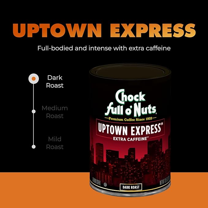 Chock Full o' Nuts Uptown Express Ground Coffee – Premium Beans in Recyclable Steel Can – Rich Flavor & Aroma, Dark Roast – Perfect for Drip, Pour-Over, Percolator – 10.5 Oz Can