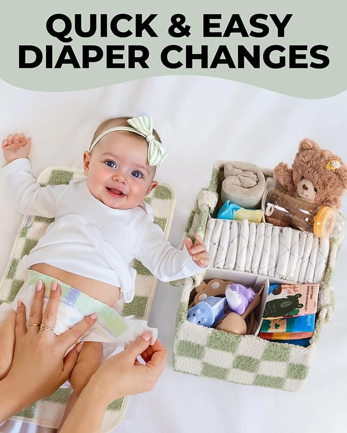 Checkered Diaper Caddy Organizer with Portable Changing Mat - Teddy Fleece Diaper Organizer for Changing Table - Caddy Organizer with Removable Dividers - Green and White
