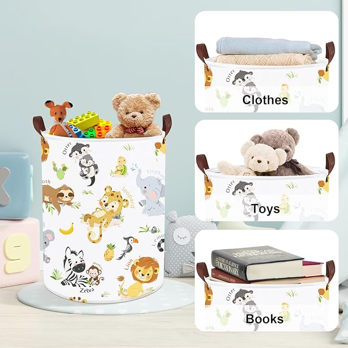 Clastyle Large Alphabet Animal Hamper for Nursery Kid Room Giraffe Lion Boy Girl Laundry Basket with Handle Elephant Collapsible Zebra Clothes Toy Storage Basket with Lid