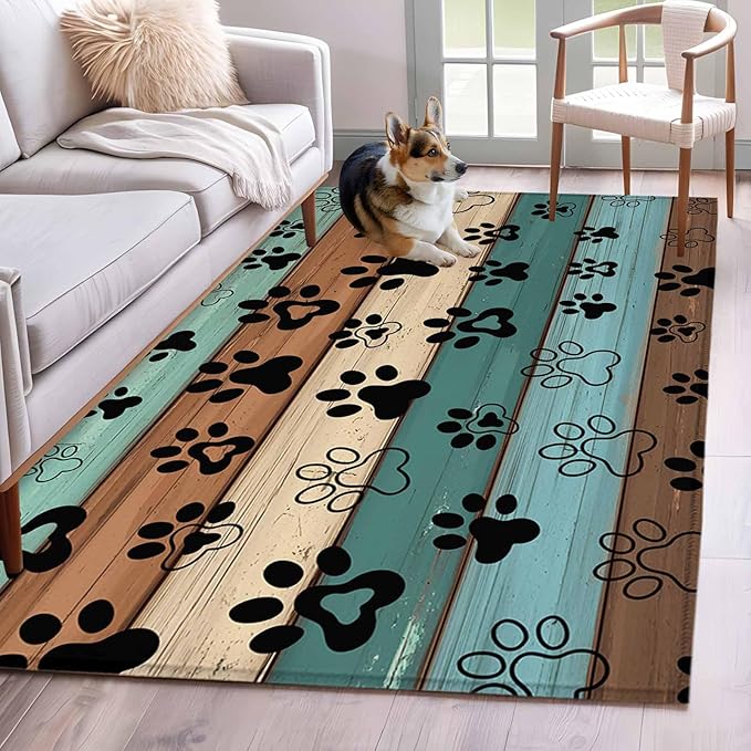 Area Rug 4x6ft, Farm Brown Wood Board Washable Rugs for Living Room Bedroom, Dog Paw Print Animal Footprint Soft Non-Slip Area Rugs Rectangle Floor Carpet for Dining Room