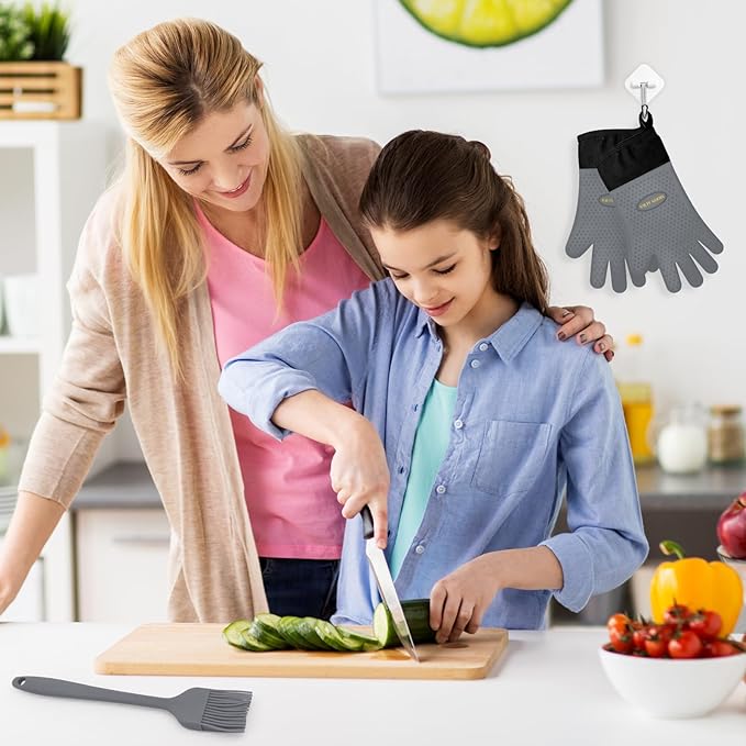 Silicone Smoker Oven Gloves - BBQ Gloves with Sharp Knife, Basting Brush and Sticky Hook.