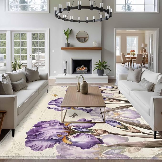 Area Rug 6x9ft, Pastoral Purple Flower Watercolor Washable Rugs for Living Room Bedroom, Country Botanical Butterflies Soft Non-Slip Area Rugs Rectangle Floor Carpet for Dining Room