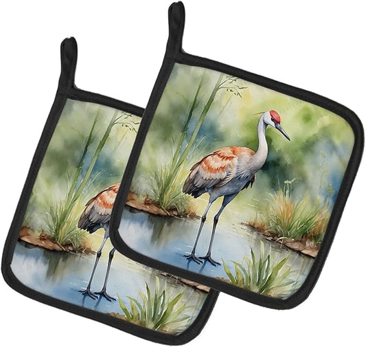 Caroline's Treasures Sandhill Crane Pair of Pot Holders Kitchen Heat Resistant Pot Holders Sets Oven Hot Pads for Cooking Baking BBQ, 7 1/2 x 7 1/2
