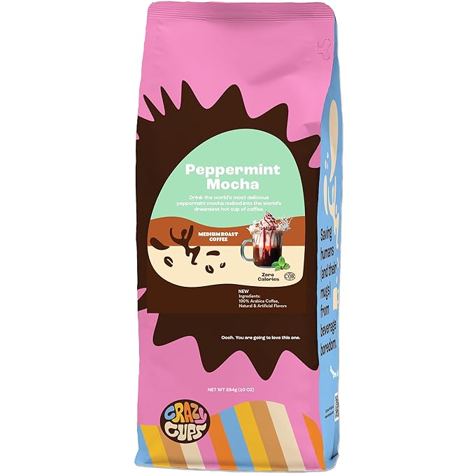 Crazy Cups Flavored Ground Peppermint Coffee, Peppermint Mocha in 10 oz Bag, For Brewing Flavored Hot or Iced Coffee, (Pack of 1)