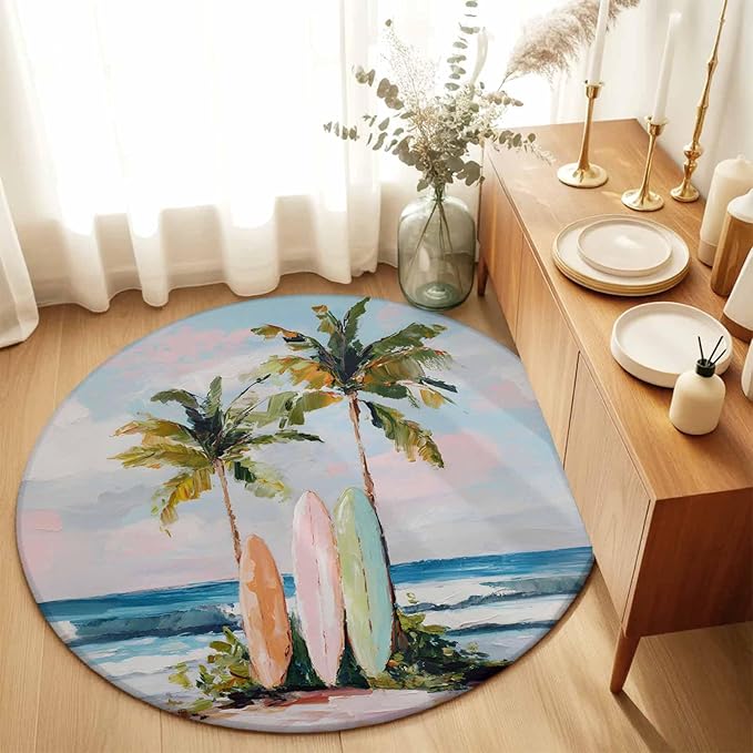 Washable Round Area Rug Summer Blue Ocean Surfboard Circle Rugs Floor Carpet for Living Room Bedroom, Tropical Plant Palm Tree Soft Non Slip Round Rug 3ft