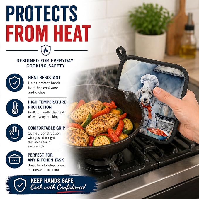 Caroline's Treasures Bedlington Terrier The Chef Pair of Pot Holders Kitchen Heat Resistant Pot Holders Sets Oven Hot Pads for Cooking Baking BBQ, 7 1/2 x 7 1/2